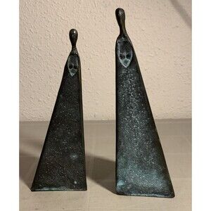 Sydney Kumalo Triangular Bronze Woman Sculpture African Artist 8.5" 7.75" Pair